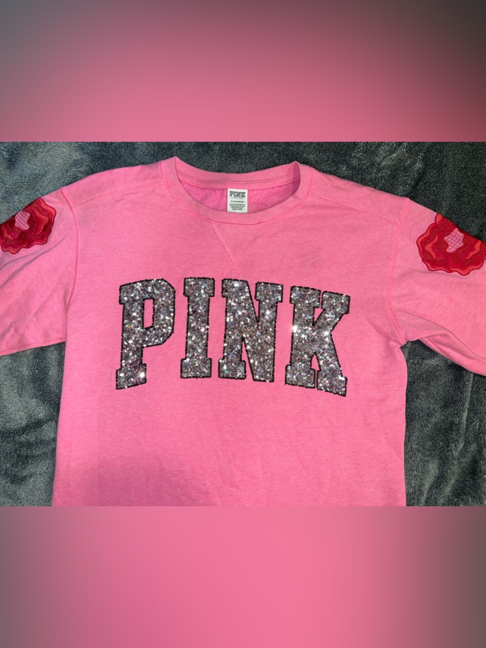 PINK Victoria's Secret LIKE NEW Sequin Logo Sweatshirt with Roses